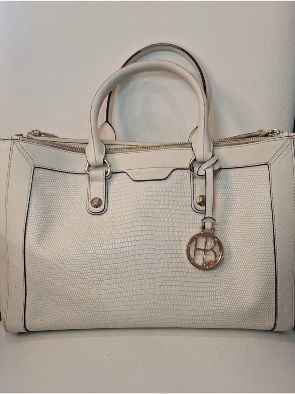 Henri Bendel cream snake embossed leather satchel GUC